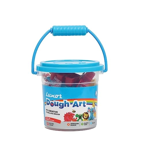 Luxor Doodles My Creative Modeling Dough Bucket - 12 Assorted Colours Dough, 1 Roller, 1 Plastic Knife & 4 Impression Moulds