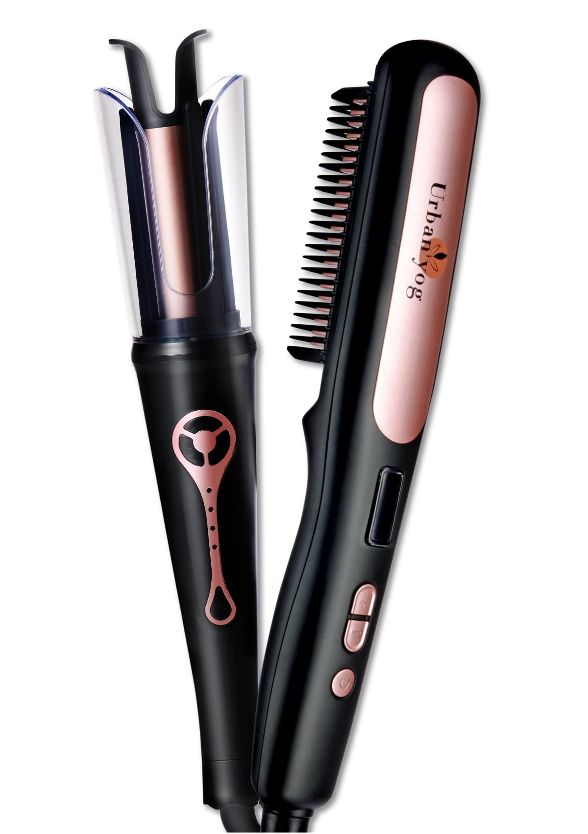 GLOBALBEES BRANDS PRIVATE LIMITED MakeMeeBold Hair Straightener Brush - 5 Temperature Controls Anti-Scald + MakeMeeBold Automatic Hair Curler - 4 Curl Settings 1200W