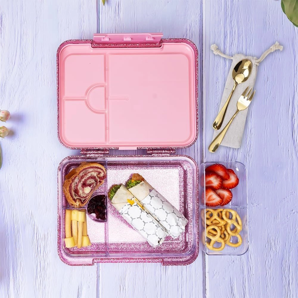 Bento Lunch Box - Glitter Pink + Water Bottle - 550 ml + Spoon + Fork + Cutlery Bag
