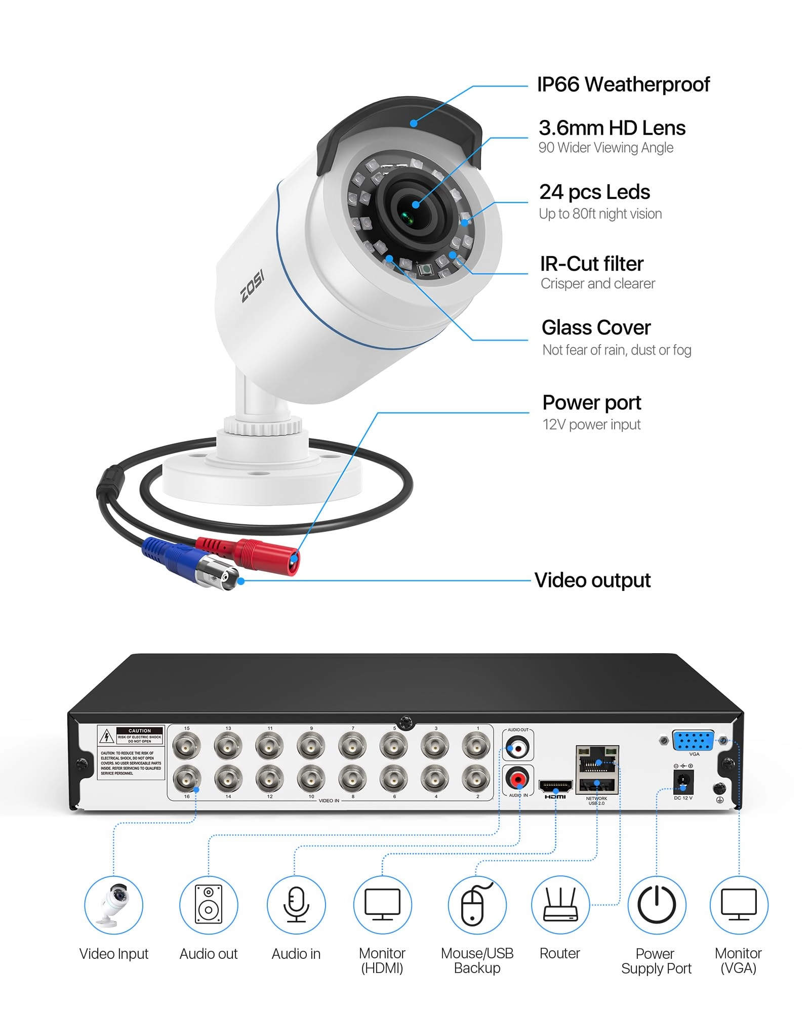 H.265+ 16 Channel Security Camera System - 8 1080p