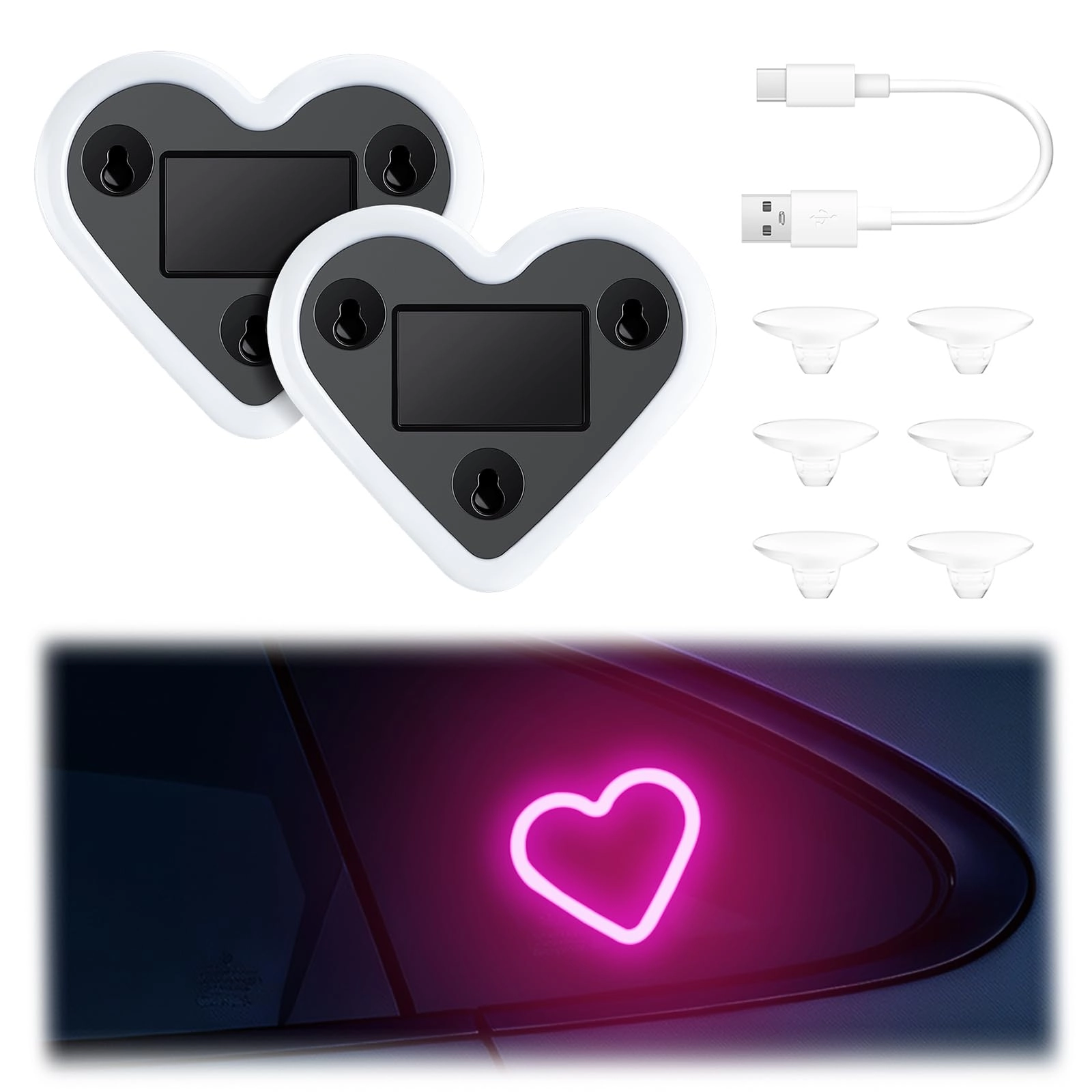 Generic Car LED Interior Lights - Heart-Shaped 5 Lighting Modes Pack of 2