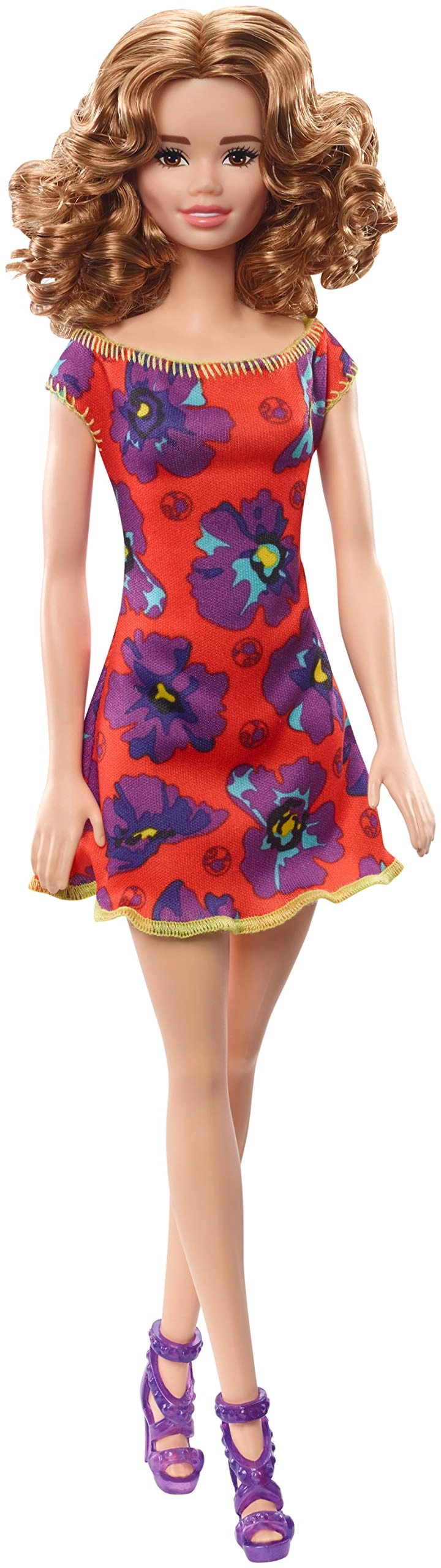 Barbie GBK92 Doll - Light Auburn Curly Brunette Red and Purple Floral Dress