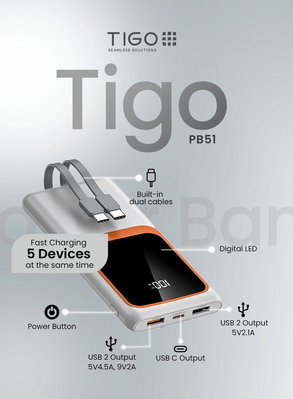 TPB1W - 10000 mAh 22.5 Watt 2 1 Type C cable
