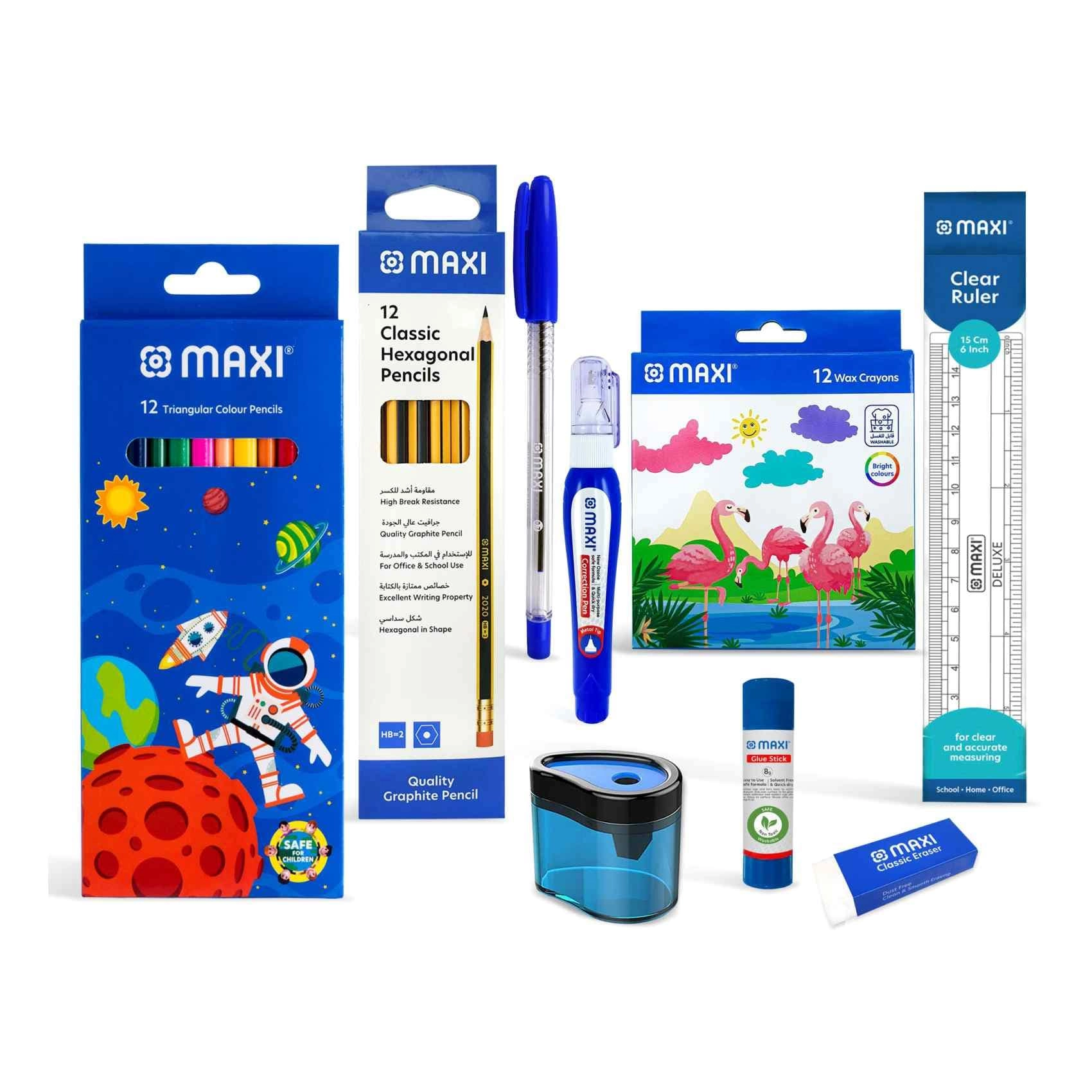School Stationery Kit - Wax Crayons Colour Pencils Accessories