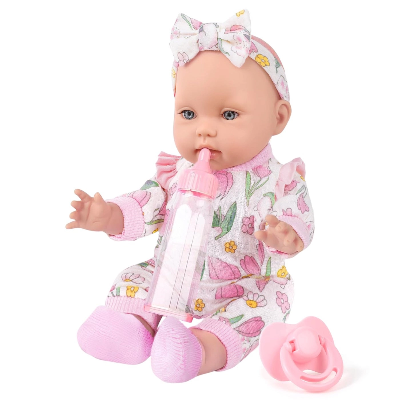 Reborn Baby Doll - 12 Inch + Baby Doll Clothes + Backpack Carrier - Pink Flower Pattern + Nipple + Feeding Bottle + Diaper Ages 3+