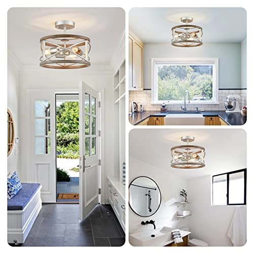 Chandelier - 3 Lights Imitation Nickel & Wood