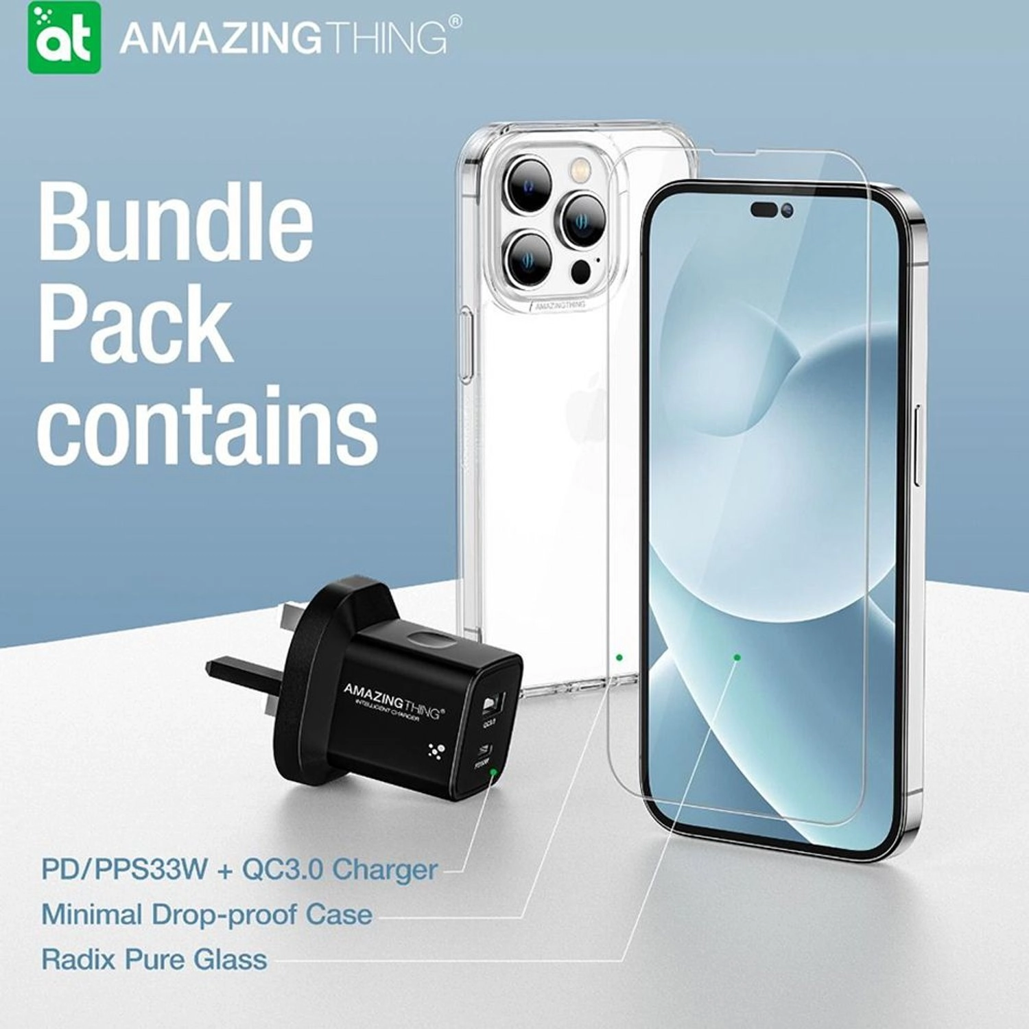 Minimal Drop-proof Case + Radix Pure Glass + PD/PPS33W + QC3.0 Charger for iPhone 14 Pro