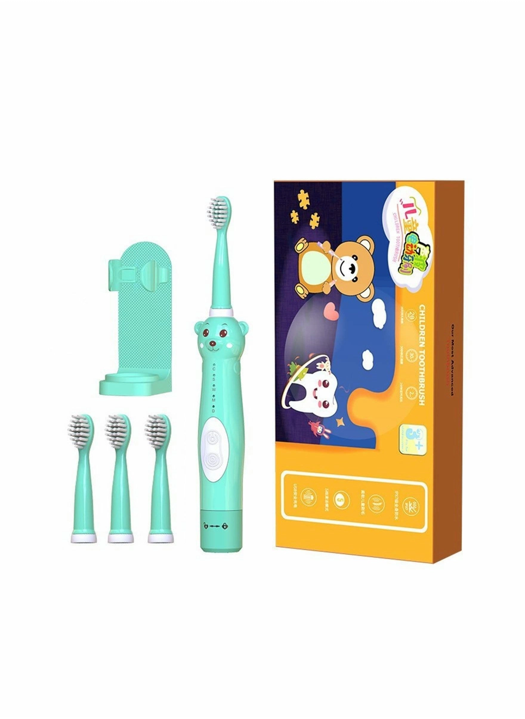 Kids Sonic Electric Toothbrush - Cute Bear 4 Brush Heads 2 Min Timer
