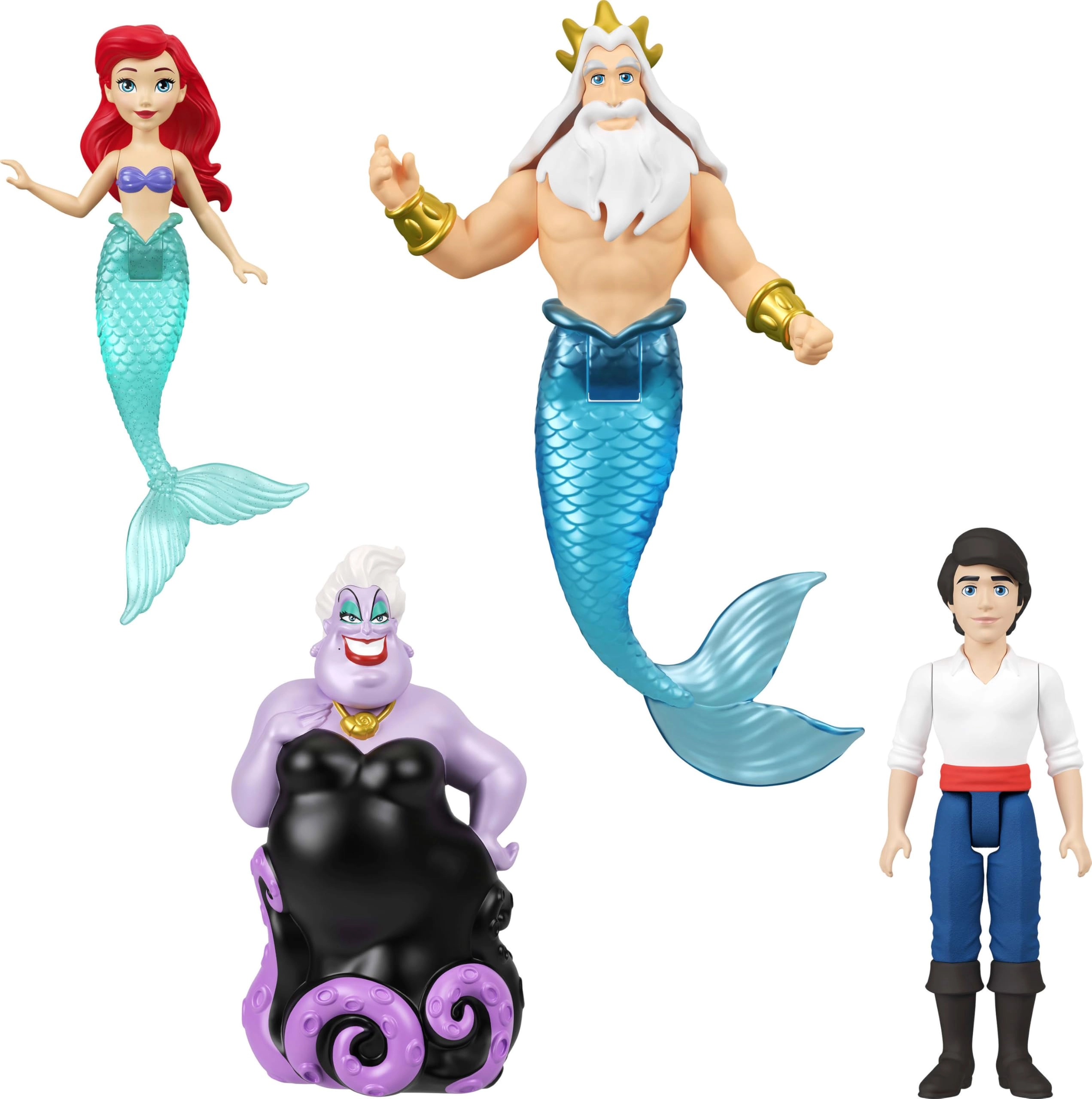 Mattel Ariel Little Doll - 9 cm Poseable + Prince Erik Little Doll + Ursula Little Doll + King Triton Little Doll