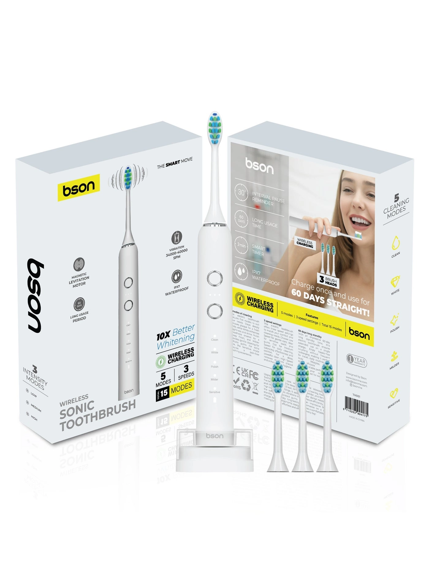 BSON Wireless Sonic Toothbrush - 60 Day Battery 34,000 to 40,000 SPM