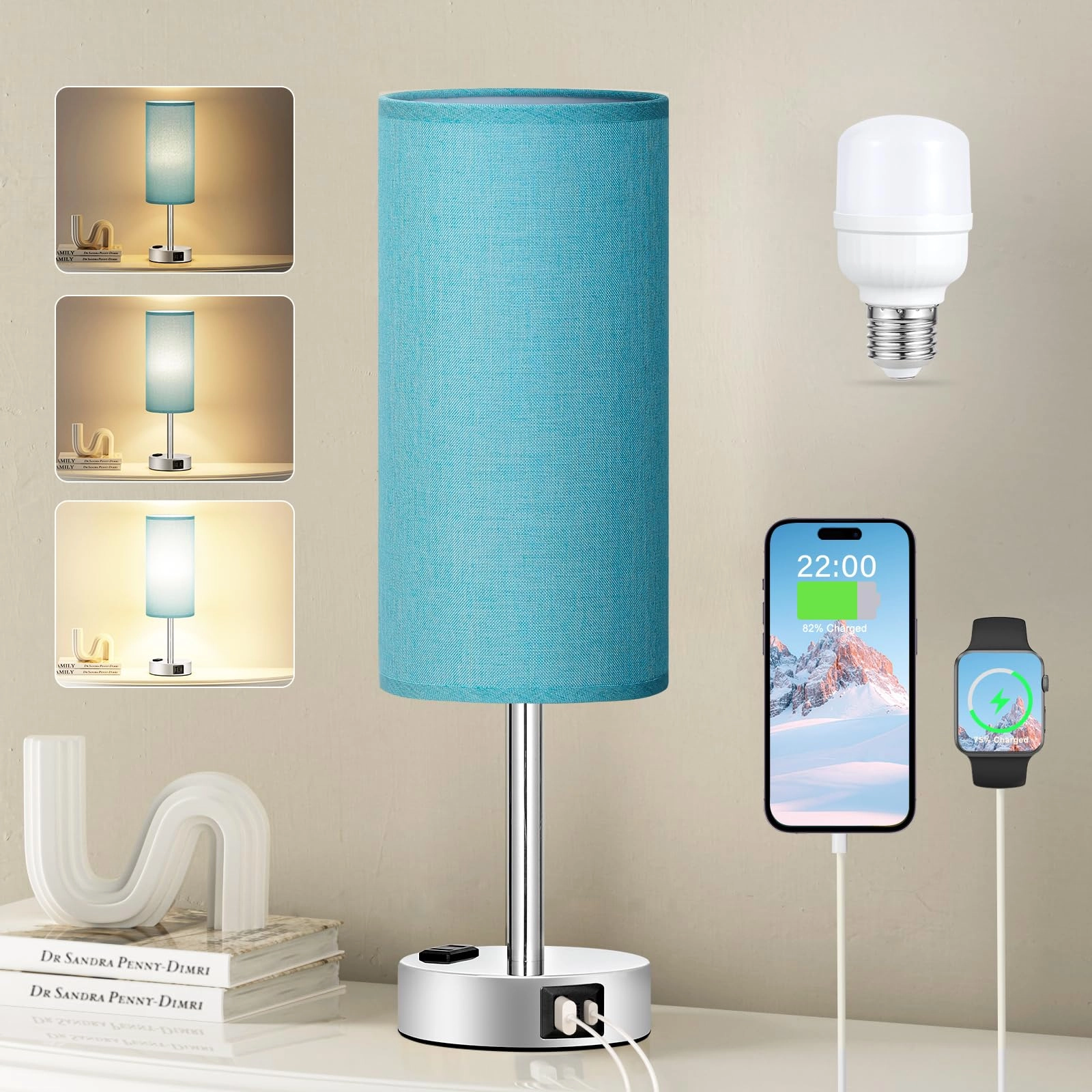 fenmzee Bedside Table Lamp - 3 Way Dimmable Touch USB C Charging Ports AC Outlet