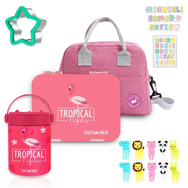 SAM BOX FZE 6 / 4 Compartment Bento Lunch Box - Tropical - Pink 350 ml
