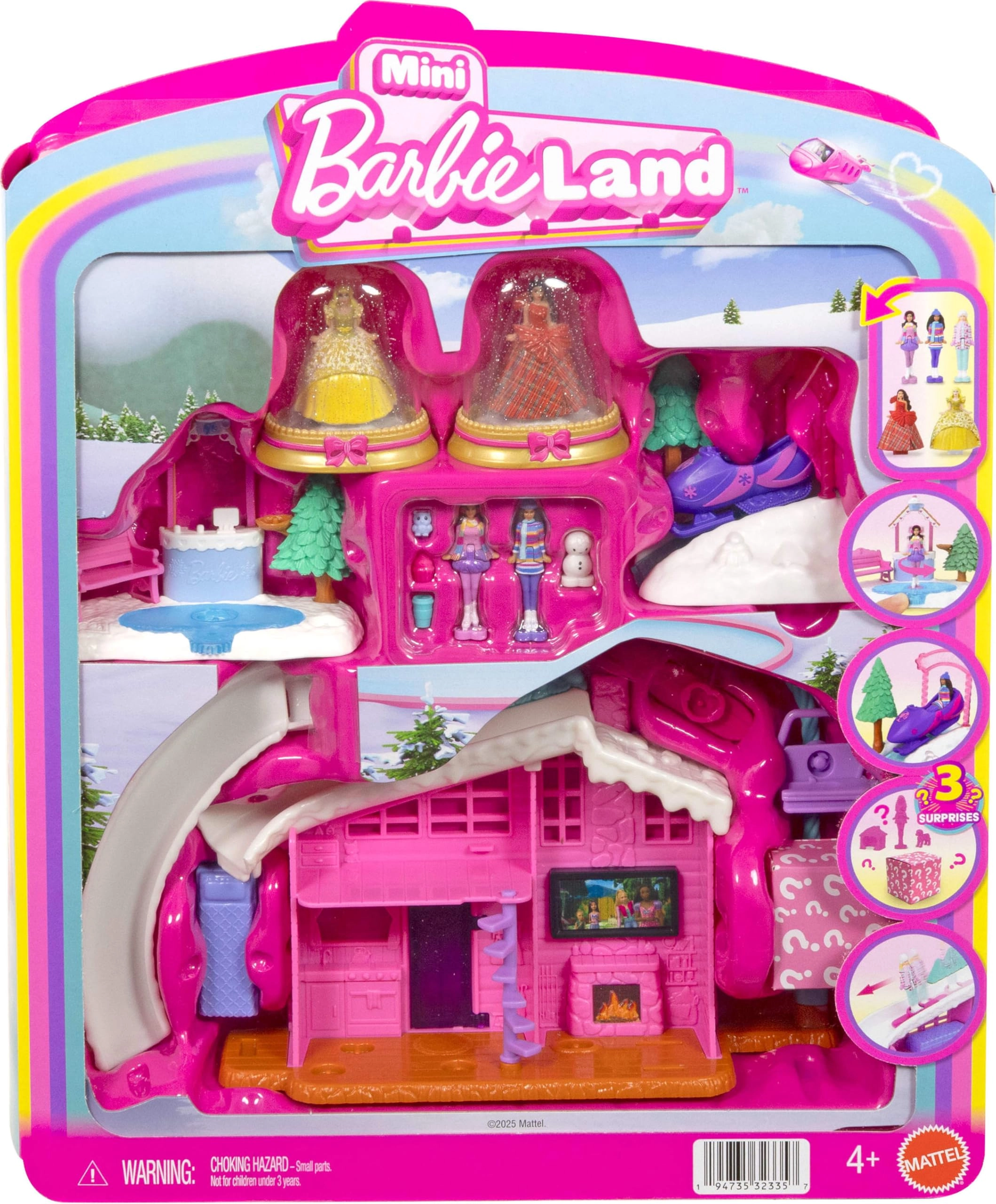 Barbie Small-scale Ski Chalet - Working Ski Lift + Snowmobile + Ice Skating Rink + Holiday Doll - Heart-shaped Base