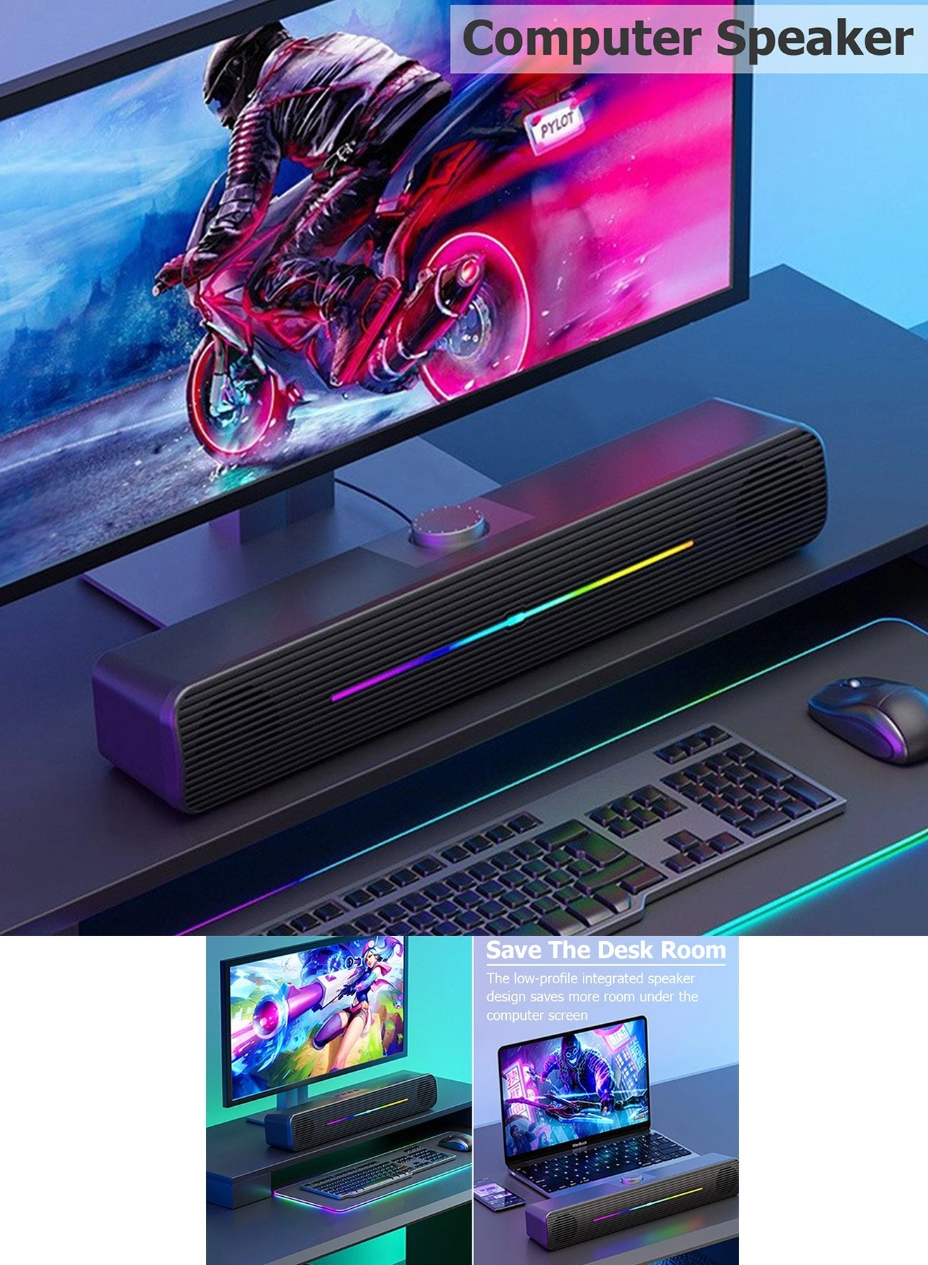 Computer /Laptop Speakers - USB-Powered 3.5mm AUX Plug Gradient RGB Lighting