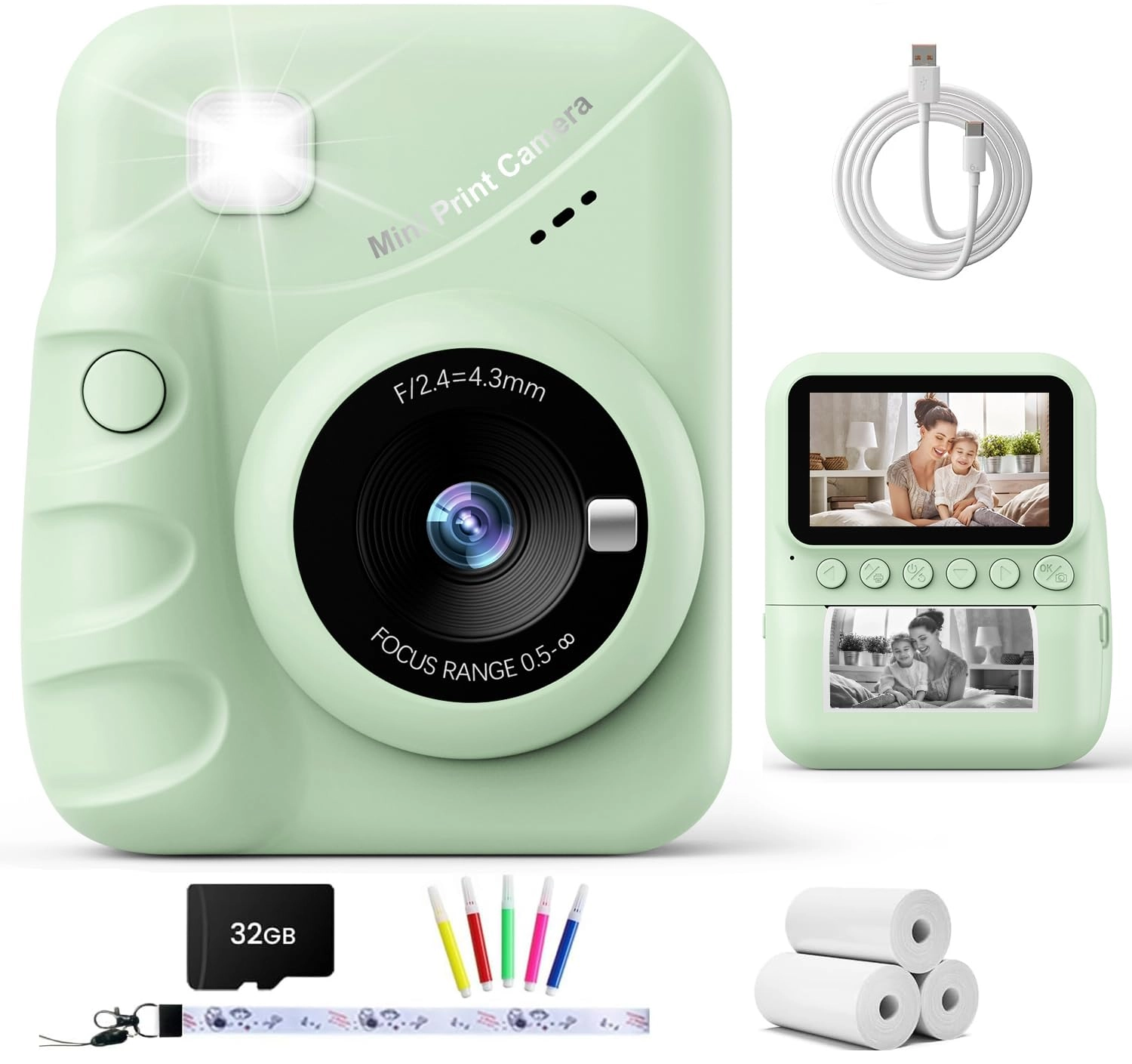 Kids Camera Instant Print - 3-inch HD Screen 1080P 32GB