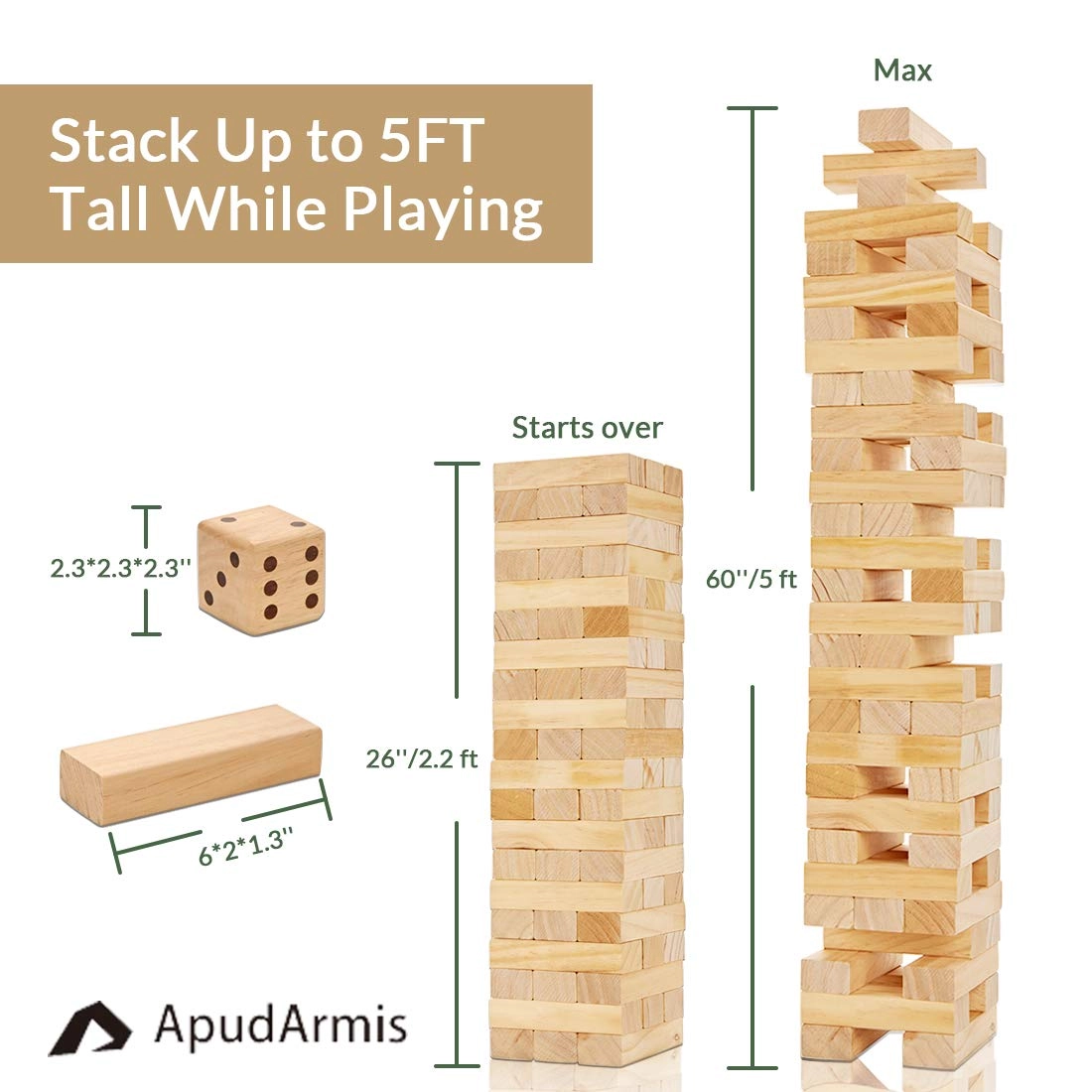 Giant Tumble Tower - 60 PCS Pine Wooden 1 Dice Set