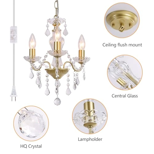 Plug in Modern 3-Light Chandelier - Gold Glass Crystals