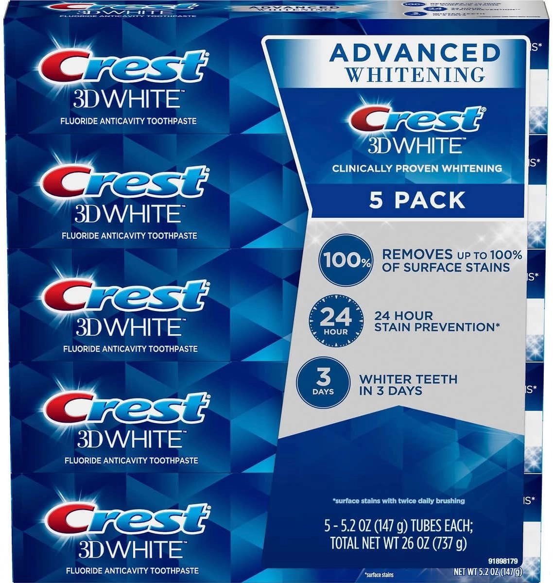 Crest 3D White Advanced Whitening Toothpaste 5.2 oz (Pack of 5)