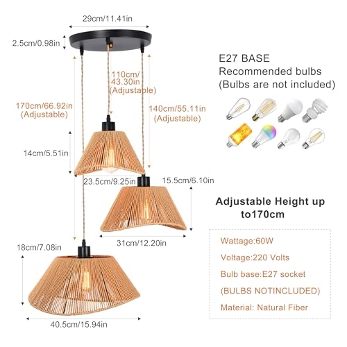 Rattan Pendant Light - 3-Lights Adjustable Height