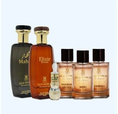 OUD WORLD Mahir + Elixir Brown + Hudson Valley + Marj + Kamrah + Attar Oil - Eau de Parfum 6-Piece