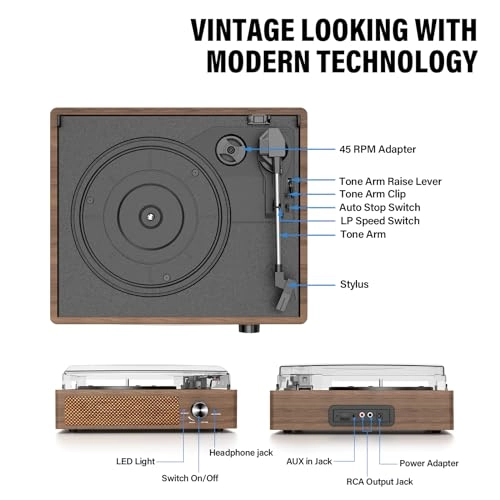 Record Player Turntable - Built-in Bluetooth 3-Speed 2 Stereo Speakers