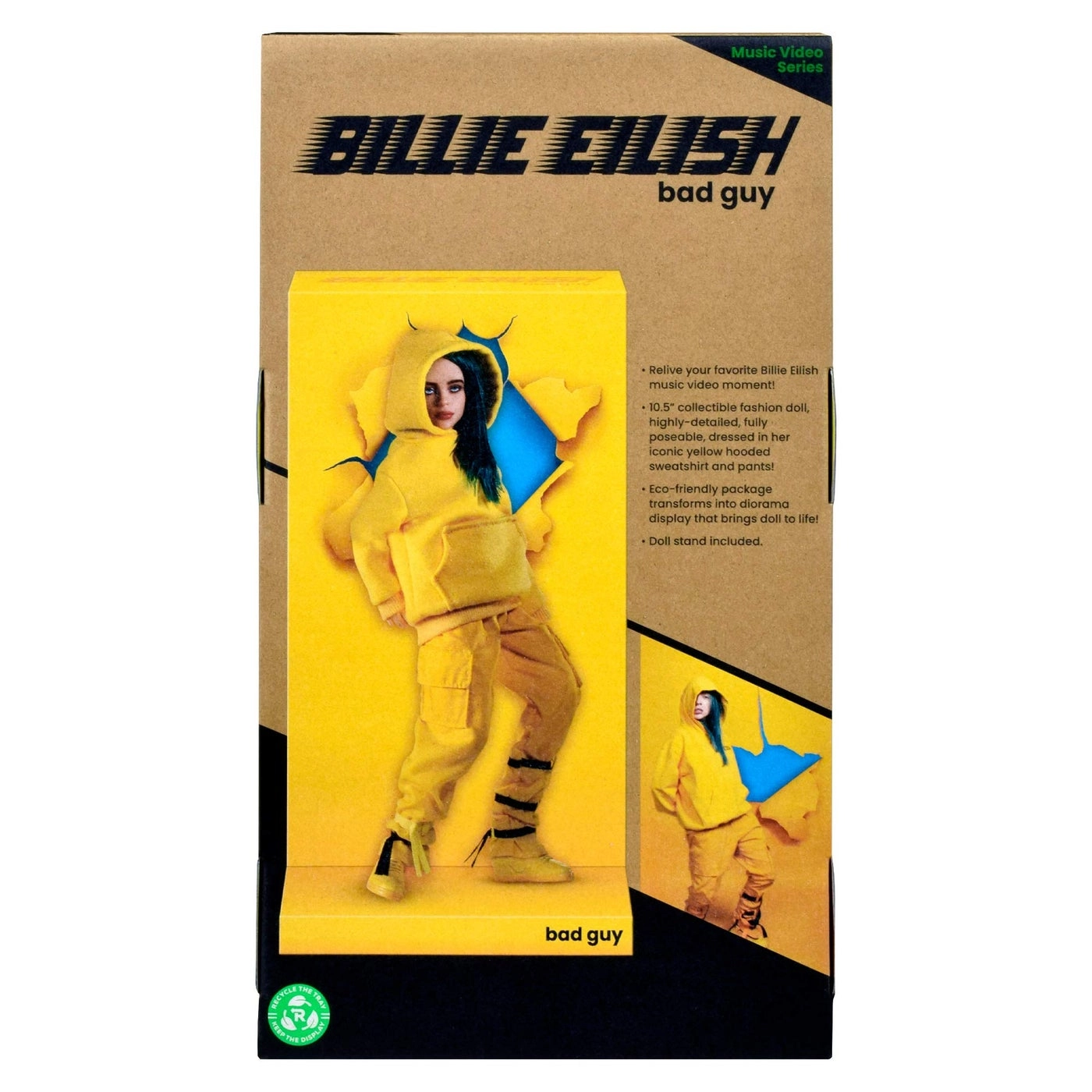 Billie Eilish Fashion Doll - 10.5" Tall Teal Colored Rooted Hair Yellow Hooded Sweatshirt And Pants