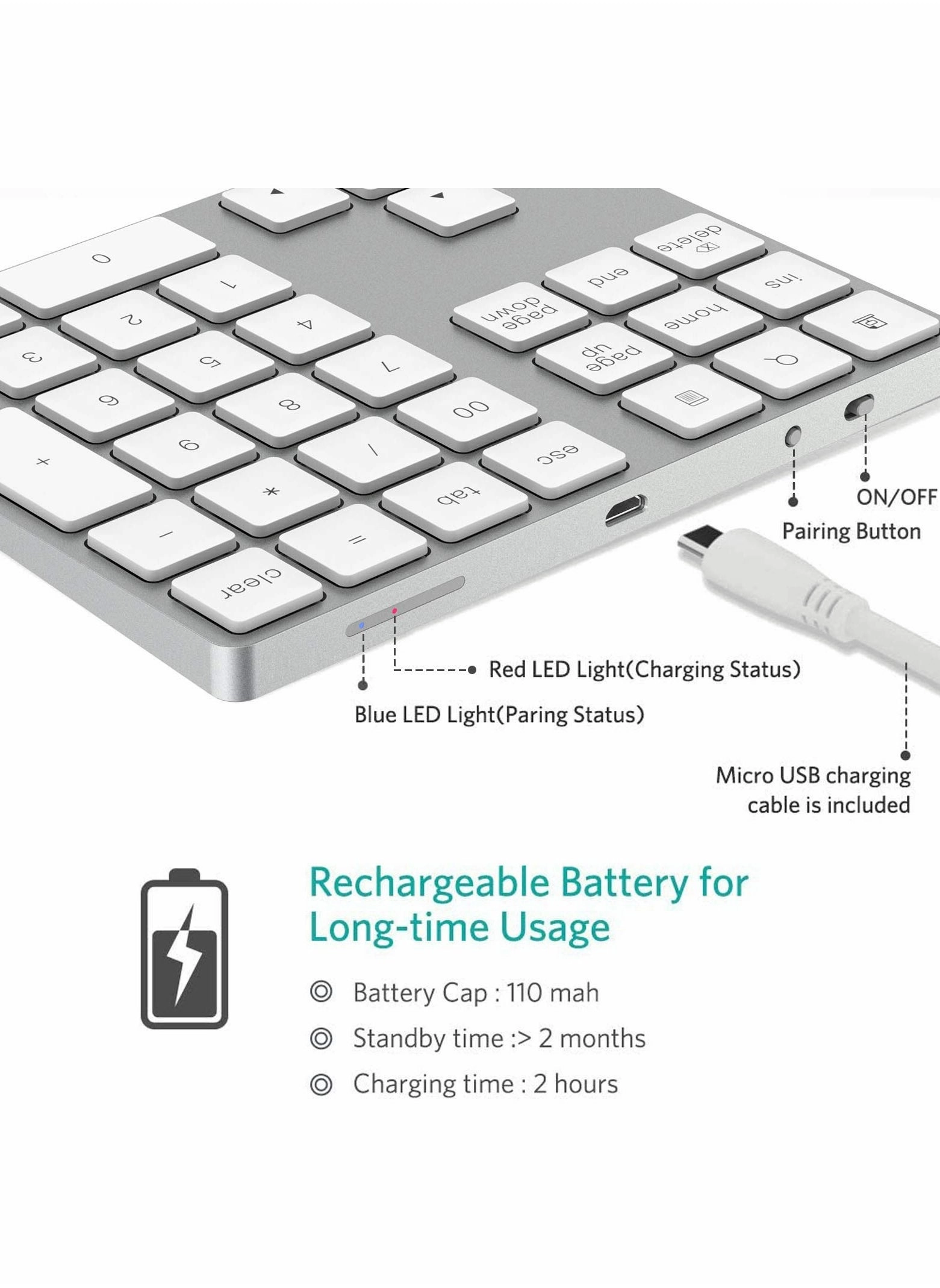 Bluetooth Number Pad - 34-Keys Rechargeable Bluetooth 3.0