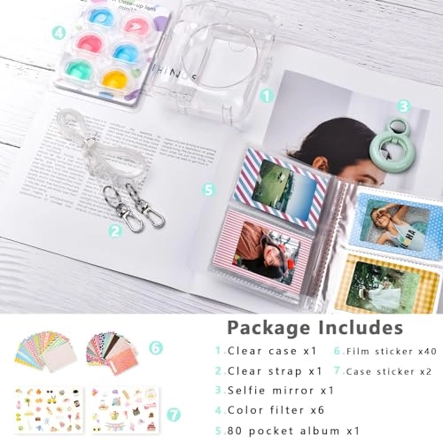 Clear Case - with Strap + Mini Photo Album - 80 Photos + Selfie Mirror + DIY Stickers - x2 + Color Filter - x4