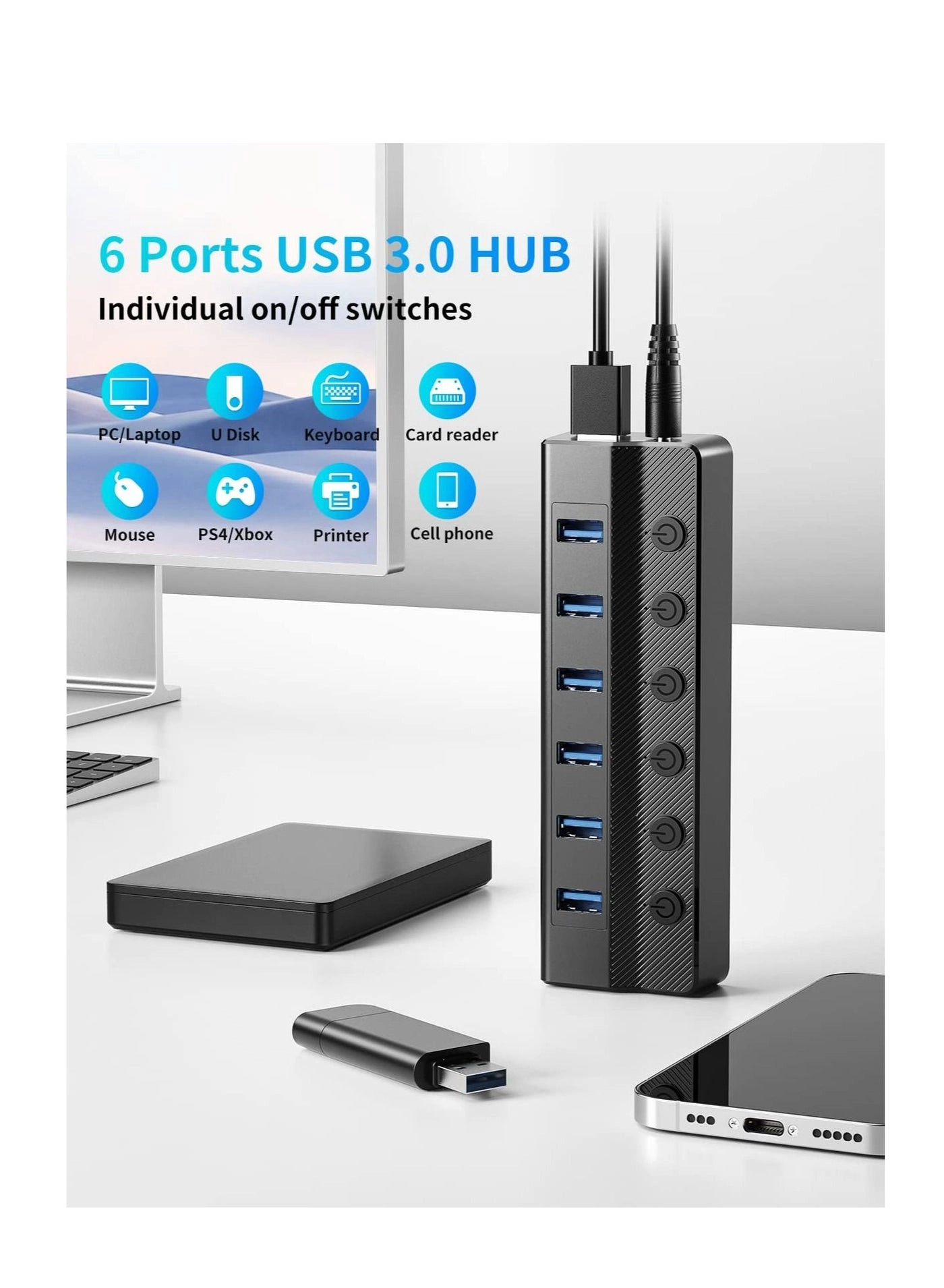 USB 3.0 Hub - 6-Port 5Gbps 3.3ft Cable