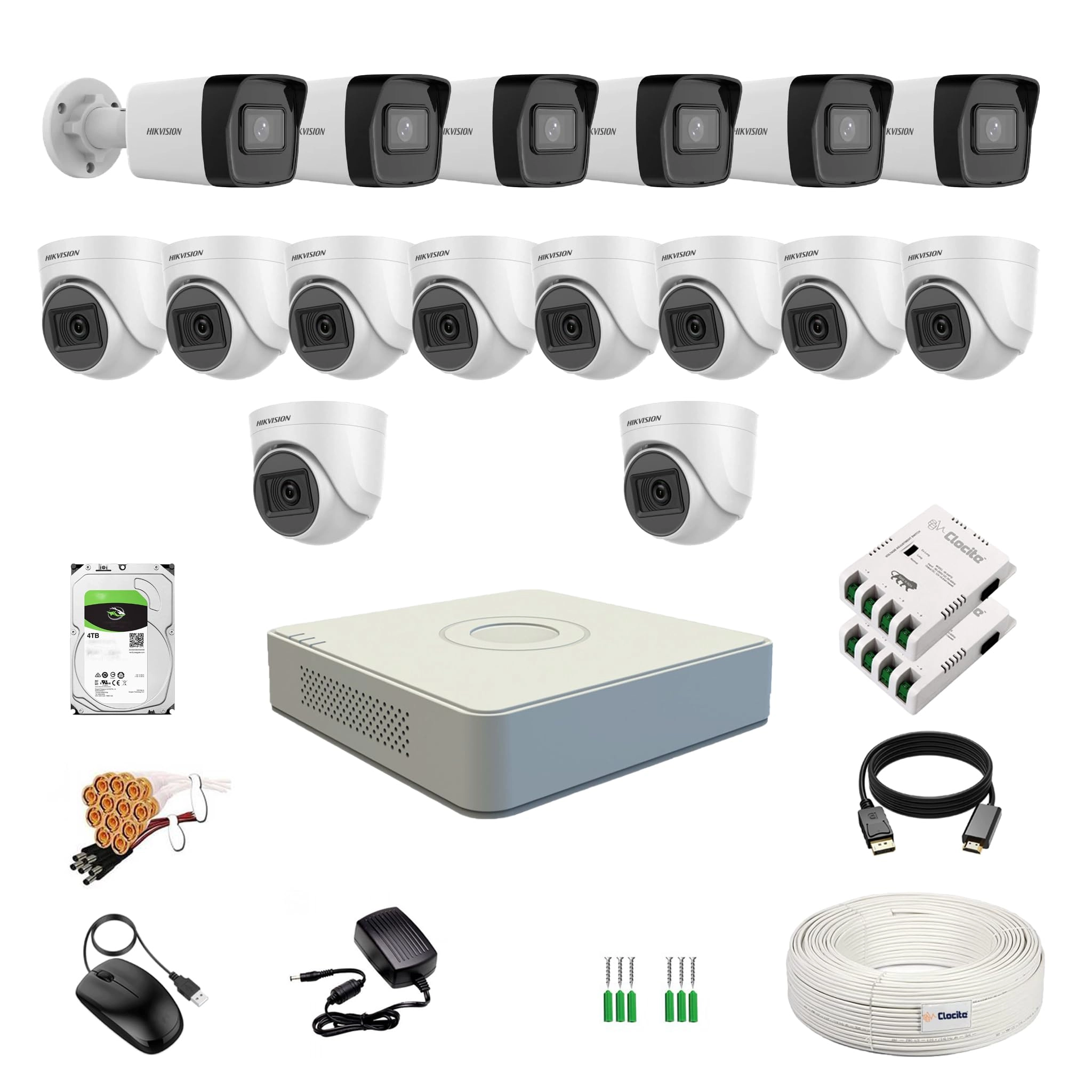 Prama Hikvision India Pvt.Ltd 16CH DVR + 2MP Dome Camera + 2MP Bullet Camera + 4TB HDD + Cable Roll + 8CH Power Supply + BNC & DC Connectors
