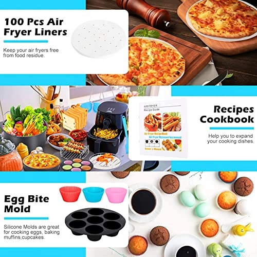 cake baking barrel + pizza pan + air fryer liners + silicone mat + cupcake pan + skewer rack + skewers + toast rack + metal holder + oil brush + plate gripper + silicone molds + silicone gloves - Stainless steel + silicone 12pcs/set