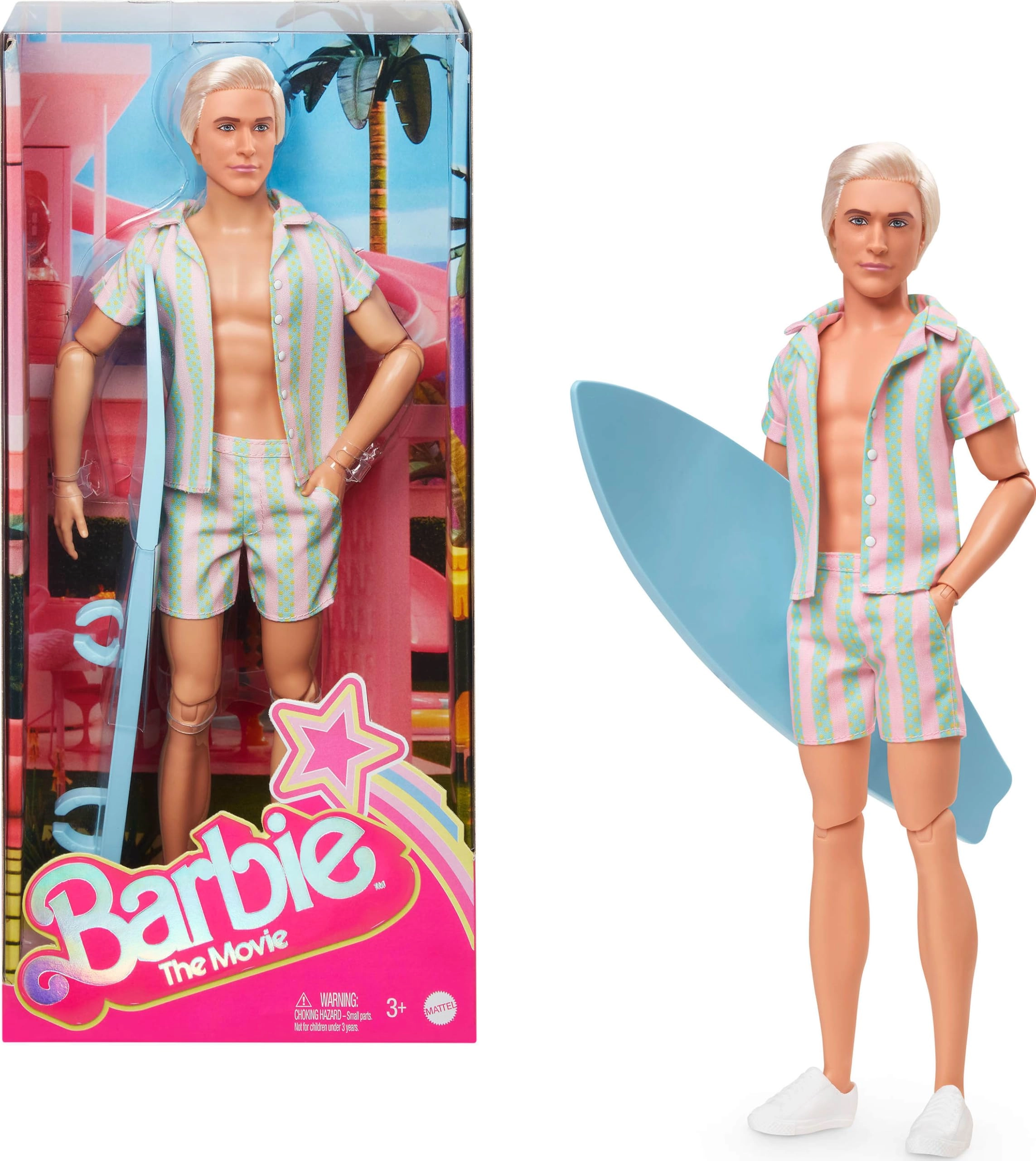 Barbie Ken Doll - Pastel Pink and Green Striped Beach Matching Set Surfboard Ages 72+