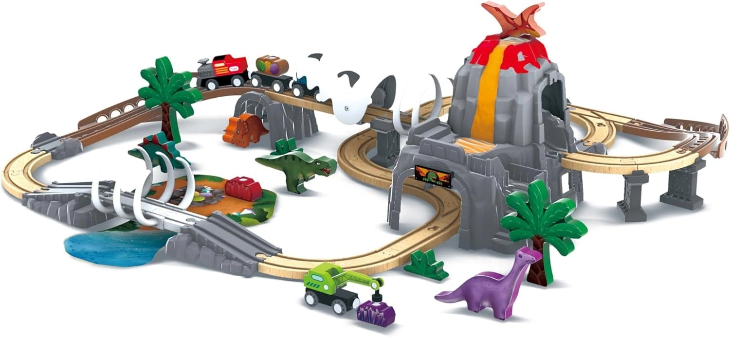 Hape Dino Wooden Railway Adventure Set - 23 beech wood tracks and over 30 additional accessories