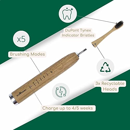 Sustainable Sonic Bamboo Electric Toothbrush - 3 Recyclable Heads 5 Cleaning Modes USB Type C Charger