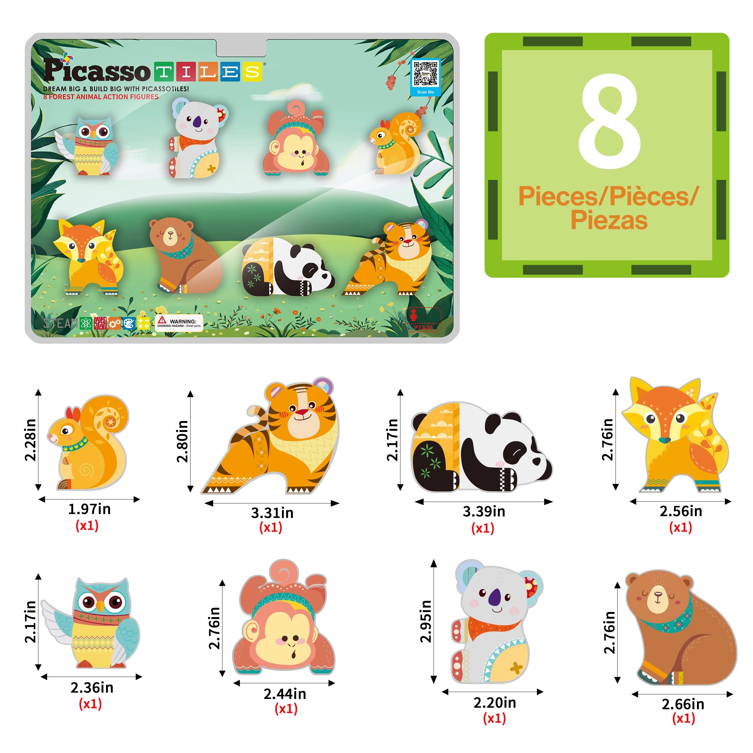 Magnetic Block Forest Animals - Fox Brown Bear Squirrel Tiger Panda Owl Monkey Koala 8 pcs