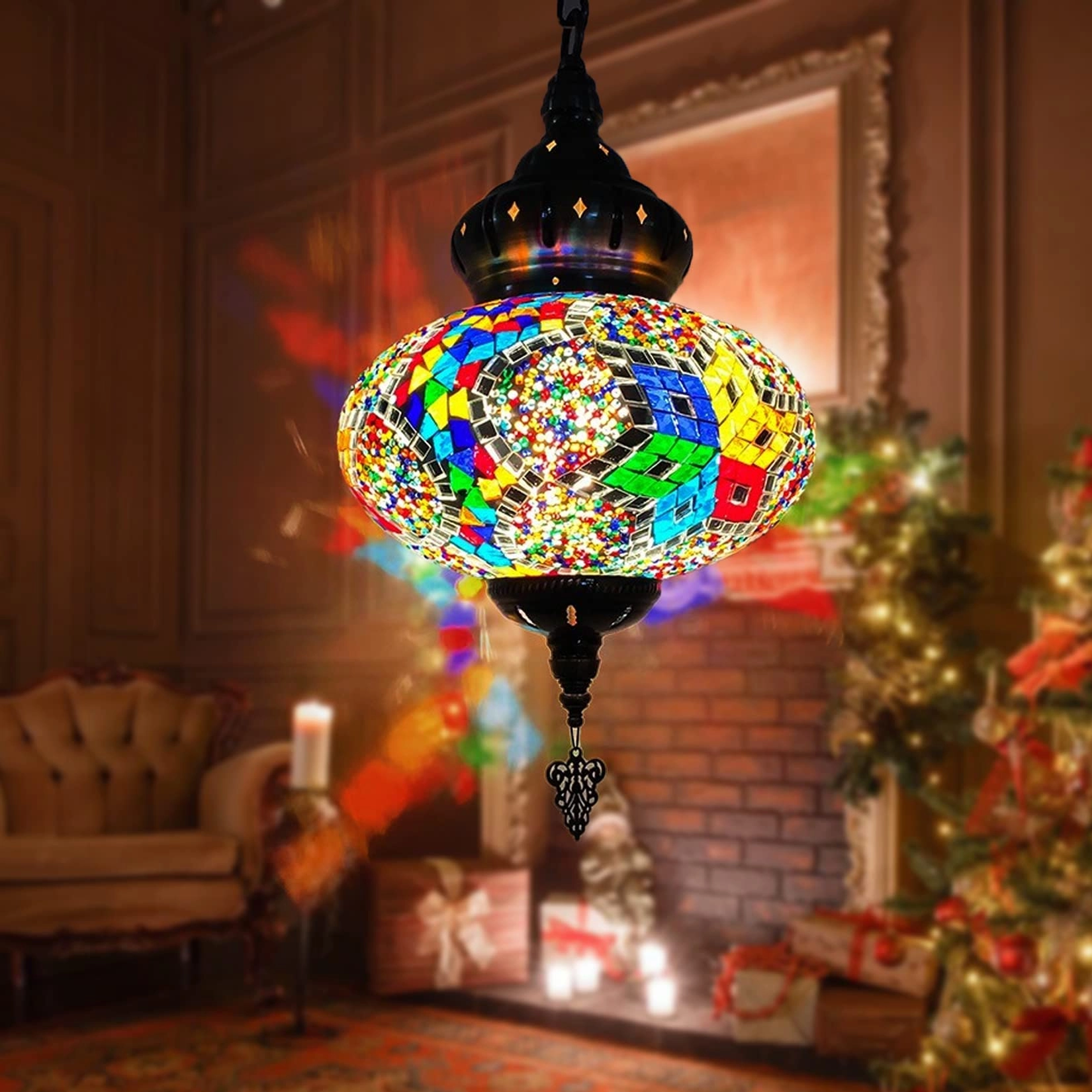 Turkish Moroccan Mosaic Swag Pendant Ceiling Hanging Light - bronze Glass