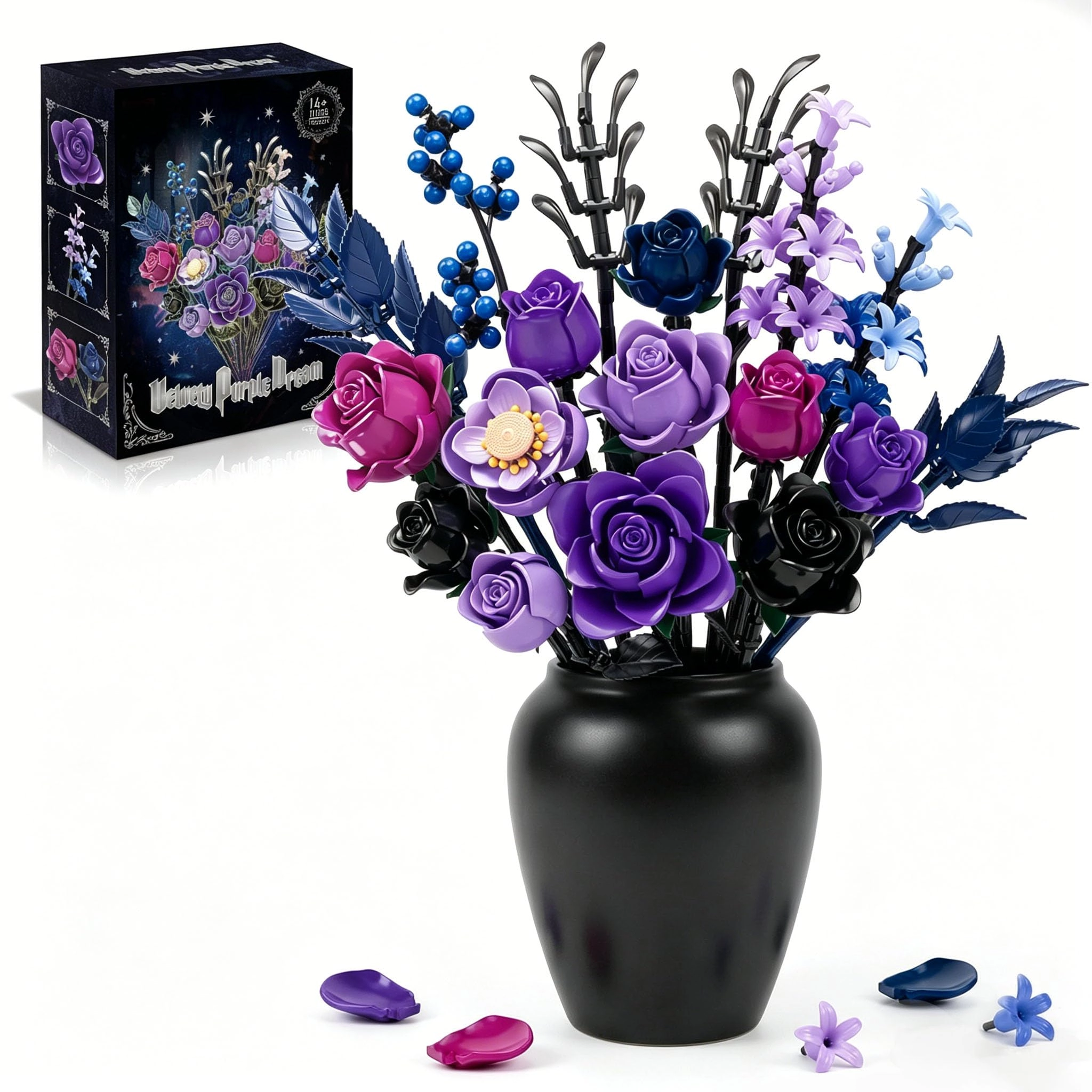 Mavo brix Gothic Purple Flower Bouquet (11035) - Building Set Dark Rose Botanical Blocks