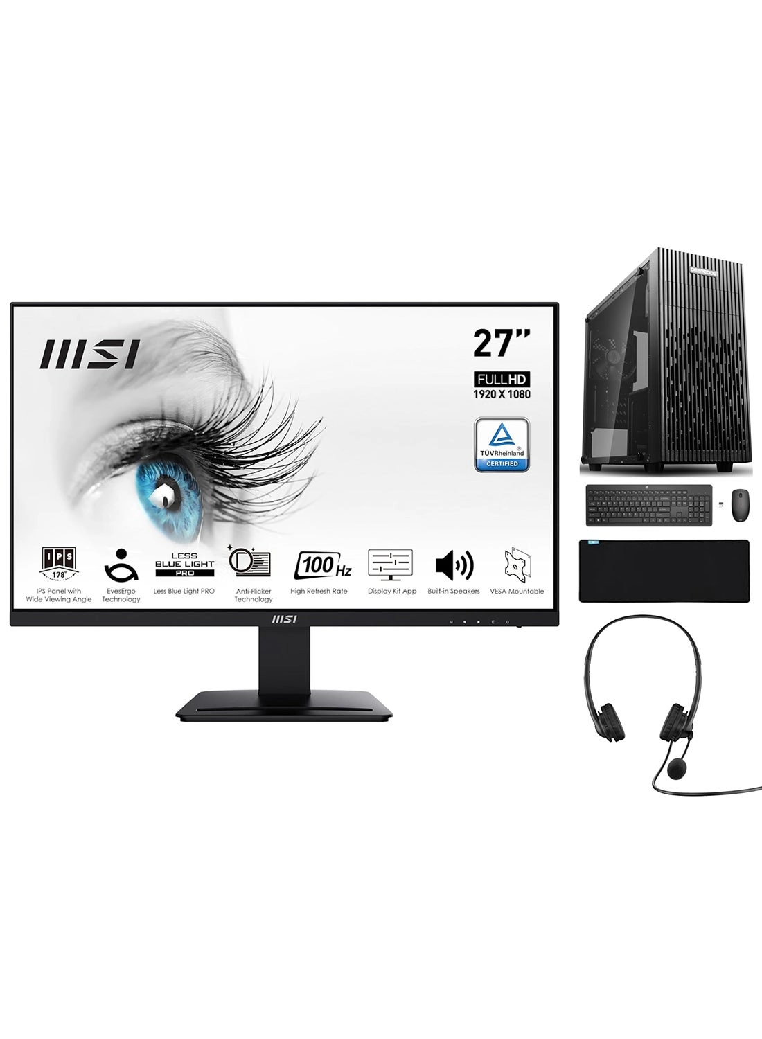 PRO MP273A - 27 inch 1920 X 1080 100Hz + NANOTECH Office Desktop PC + Intel Core i7-12700F - DDR5 32GB 2TB NVMe + Wireless Keyboard & Mouse + USB Headset + Mousepad - Black