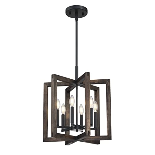 Rustic Farmhouse Hanging Kitchen Island Chandelier - 6 Light Pine Wood Black Metal Frame