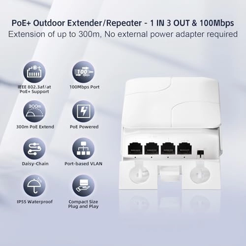 PoE Extender - 4 ports 24W 44-57V IEEE802.3af/at 10/100Mbps