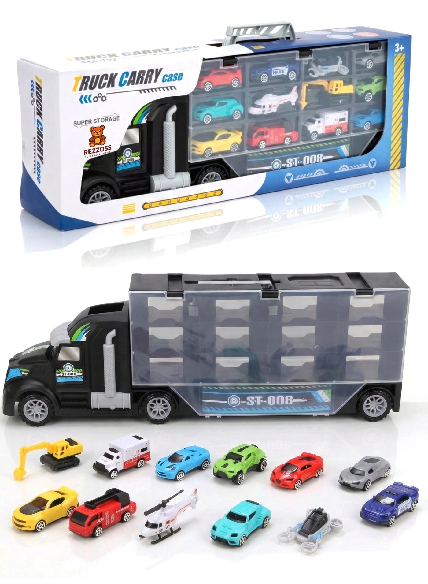 REZA TOYS SHOP Big Transport Carrier Truck + Mini Car - 12pcs + Helicopter