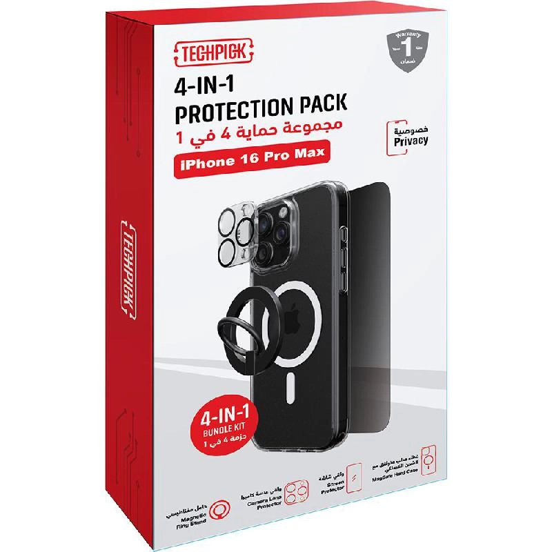 Clear Case + Privacy Tempered Glass + Camera Lens Protector + Magnetic Stand for iPhone 16 Pro Max