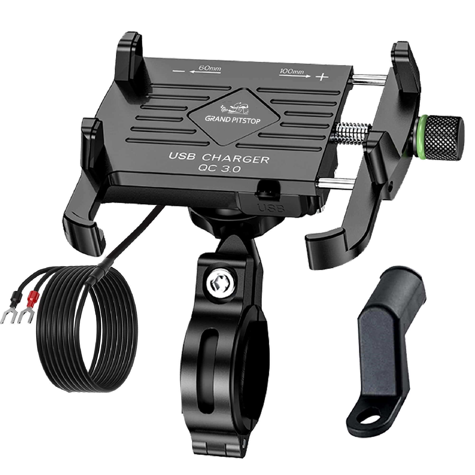 GRAND PITSTOP Motorcycle Phone Holder - Fast USB 3.0 Charger 360° Phone Protection Aluminium Clamp