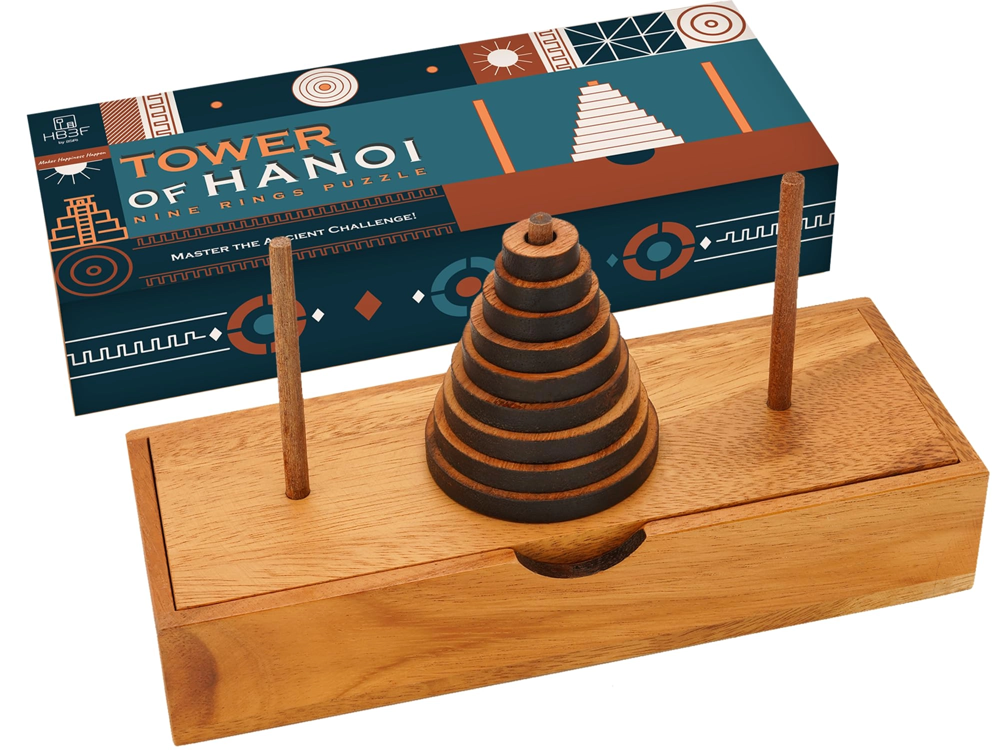 BSIRI Tower of Hanoi - 9 Rings Natural Solid Wood