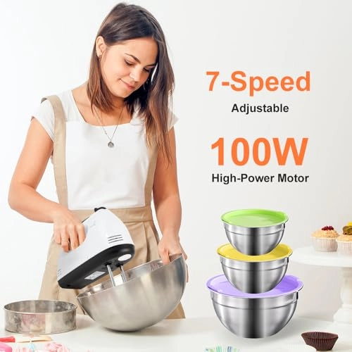 Electric Hand Mixer + Mixing Bowls Set - 7 Quarts 200 watts