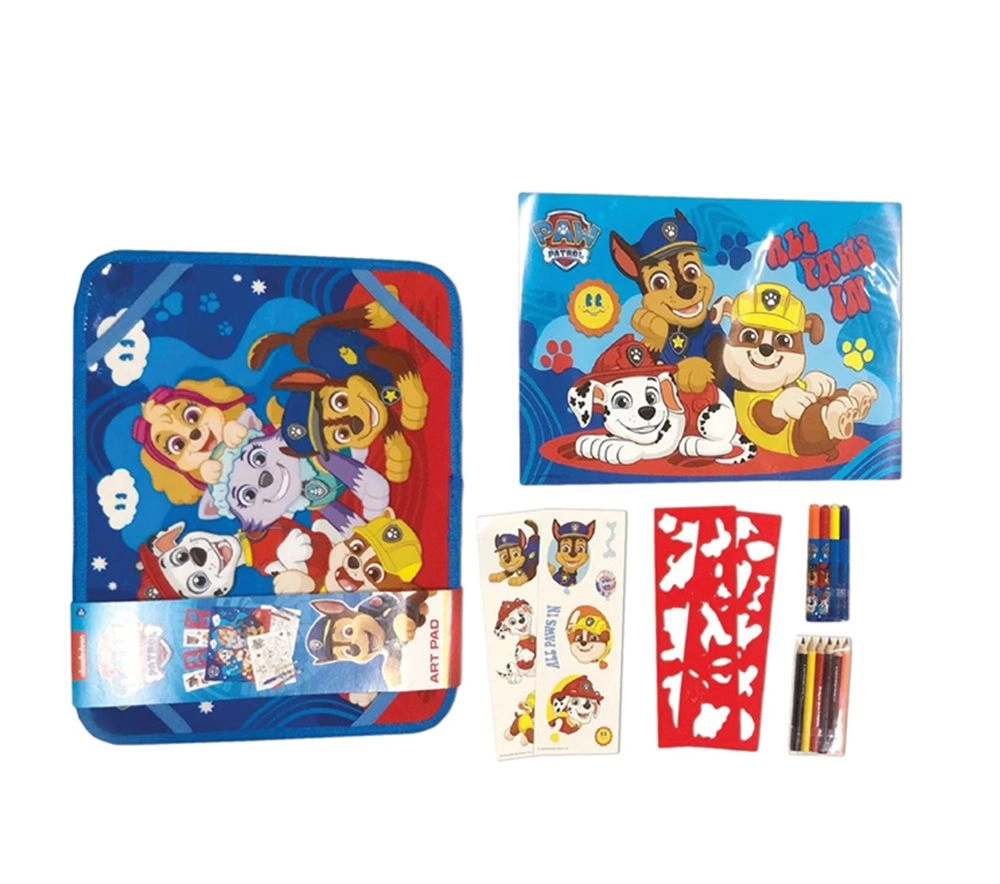 Art Pad - Travel desk 6 color pencils 5 paper sheets with cover 4 markers with 1-color silk print 2 cardboard stencils 2 surprise sticker sheets