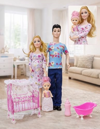 Family Doll Set - Mother Father Baby Dolls Crib Bath Accessories Ages 3+