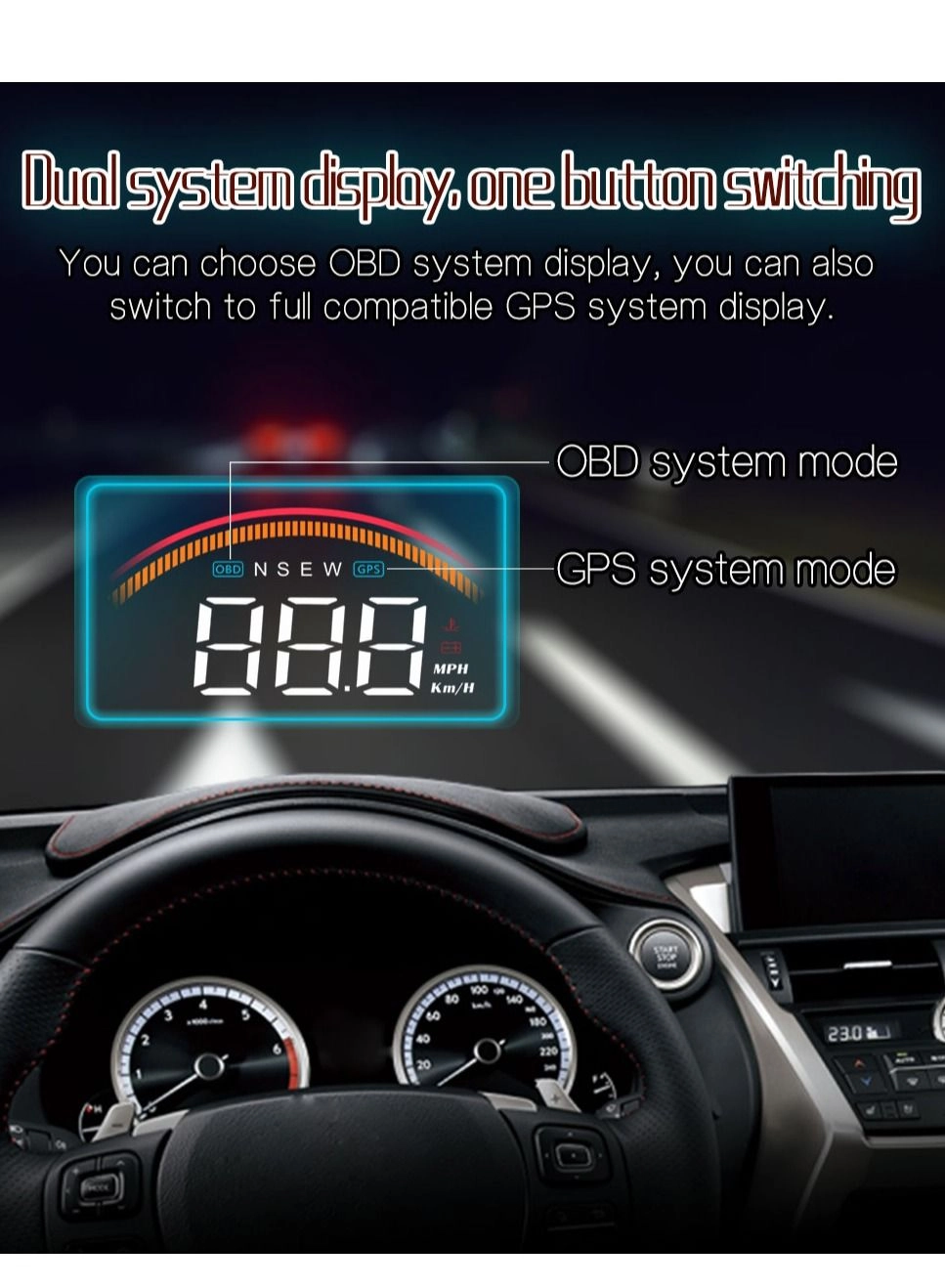 Head Up Display (HUD) Vehicle Speed Meter - Dual Mode OBD & GPS Color HD LED