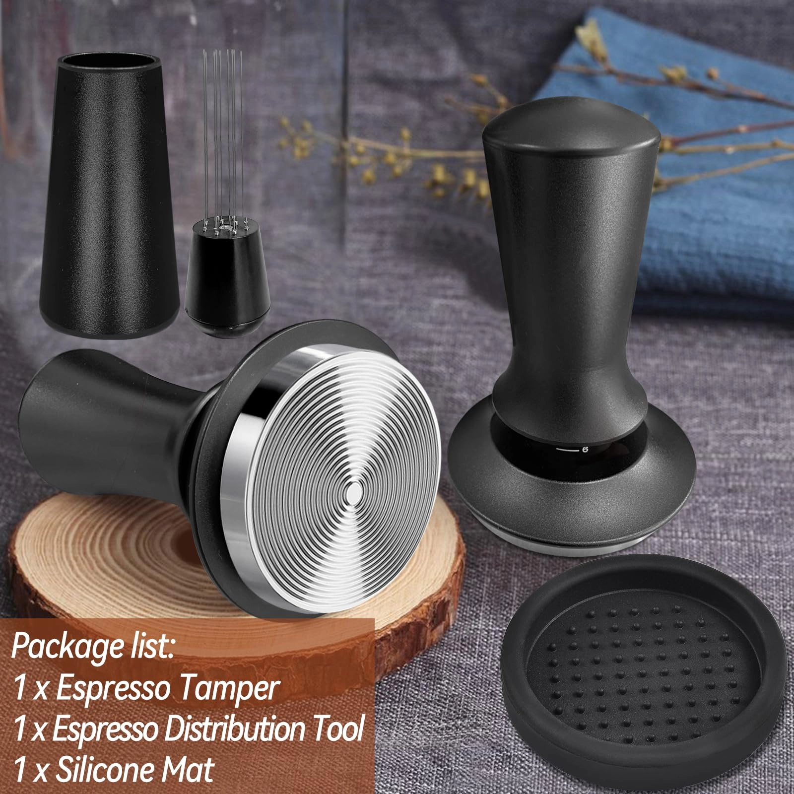 Espresso Tamper + WDT Tool + Espresso Dosing Funnel + Silicone Gel Tamper Mat + Espresso Accessories