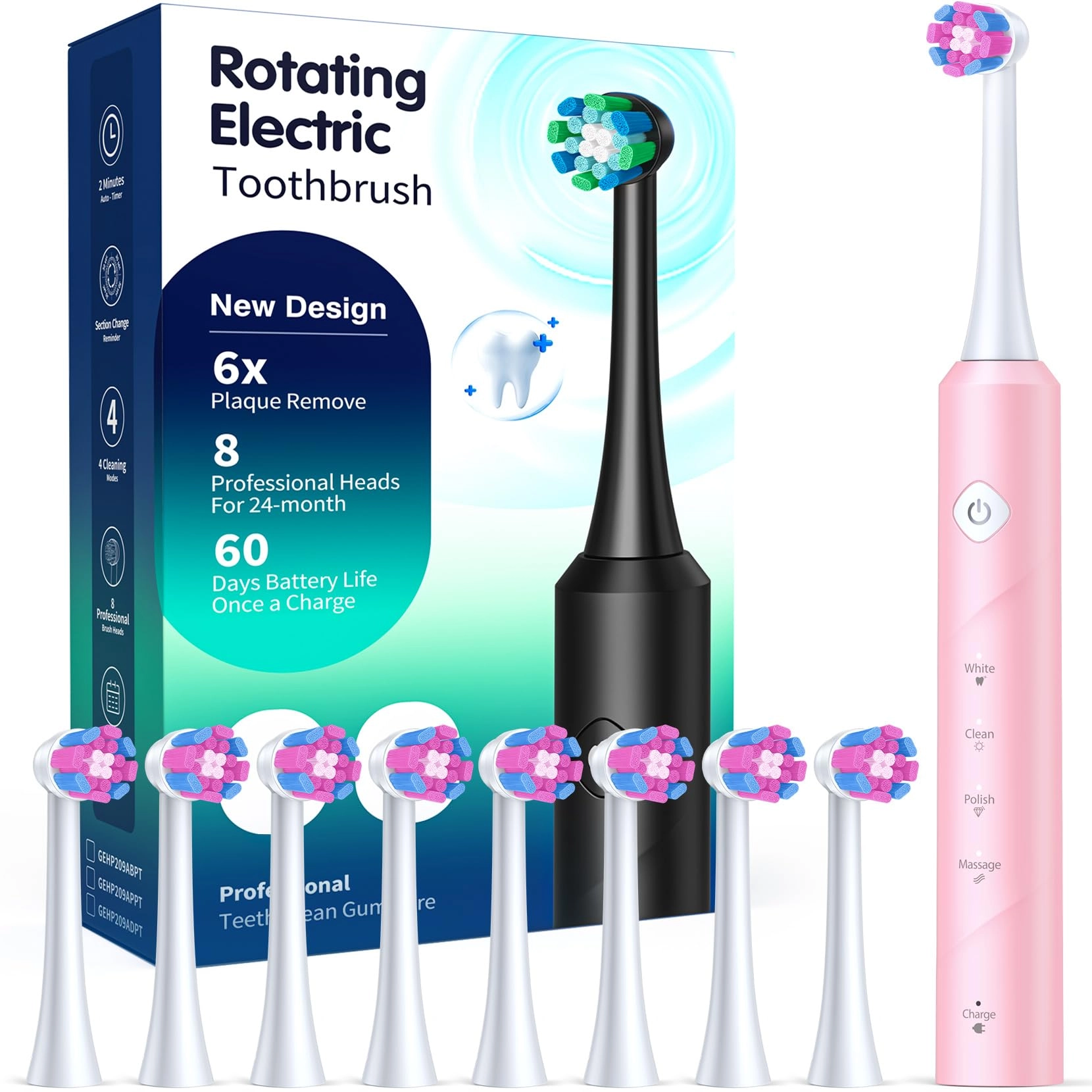 Rotating Electric Toothbrush - 8 Brush Heads 4 Modes 25-Day Battery Life
